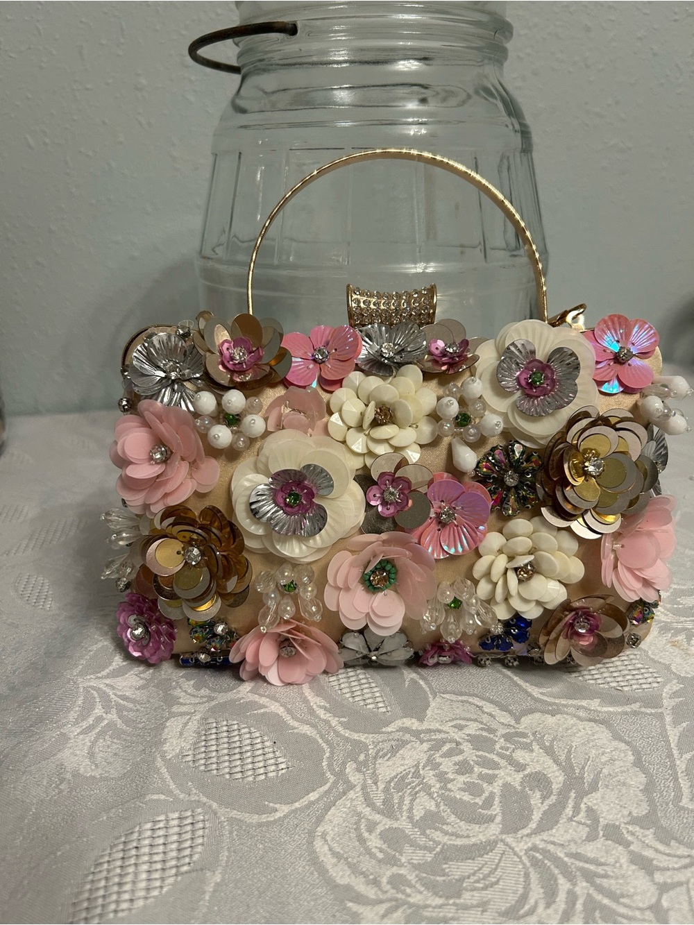 Embellished Floral Handbag - Pink & Cream Accent
